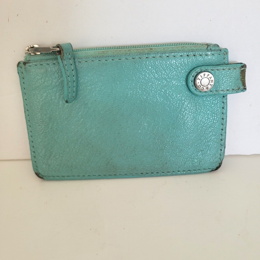 Tiffany & Co Blue Pebbled Leather Zipper Card Case Coin Pouch Wallet Snap Detail
